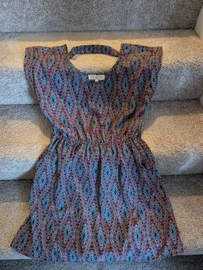 Pink Rose Multicolor Geometric Print Top - Blue, Pink, Black  - Women's Size L